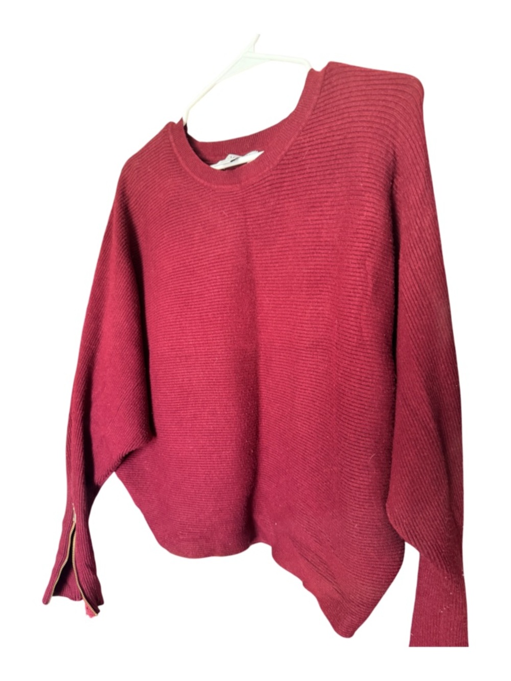 Carmen Marc Valvo Maroon Crewneck Sweater with Zip Cuffs